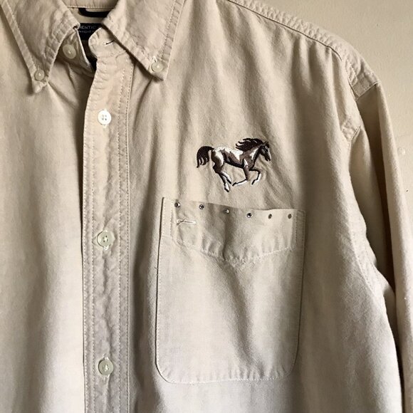 Devon & Jones Chambray Woman’s Shirt Size Medium Embroidered Horses - Picture 3 of 9
